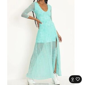 NWT Blackmilk Animal Crossing Villagers Sheer 3/4 Sleeve Maxi Dress Aqua Sz M